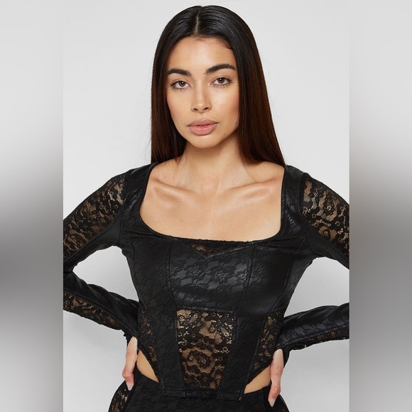 BLACK VEGAN LEATHER & LACE BUSTIER TOP - MANIERE DE VOIR US0 - New - Picture 4 of 6